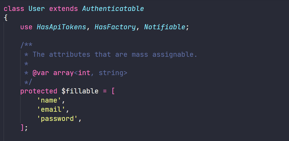 A screenshot of some Laravel user authentication boilerplate code