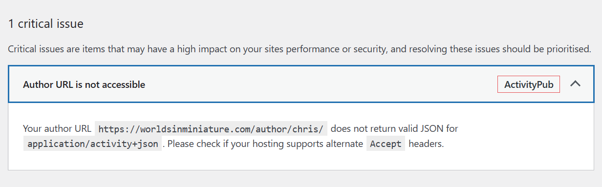 a screenshot of part of the Wordpress site health screen. It shows 1 Critical issue reported by the ActivityPub plugin: 'Author URL is not accessible'