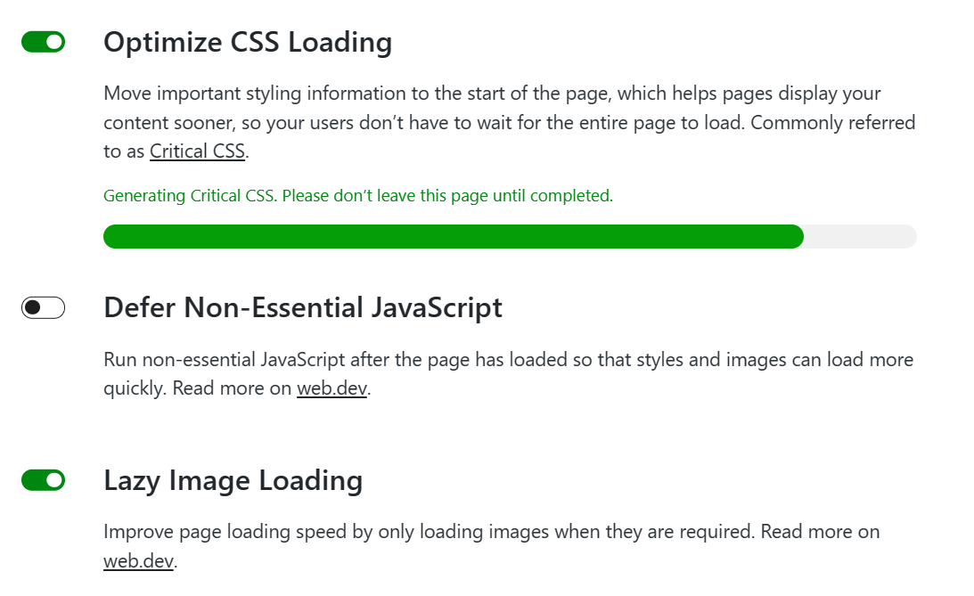 A screenshot of the Jetpack Boost options screen, showing the 3 available settings. Optimize CSS Loading is turned on, and a progress bar shows it is generating 'Critical CSS'. Defer Non-Essential JavaScript is turned off. Lazy Image Loading is turned on