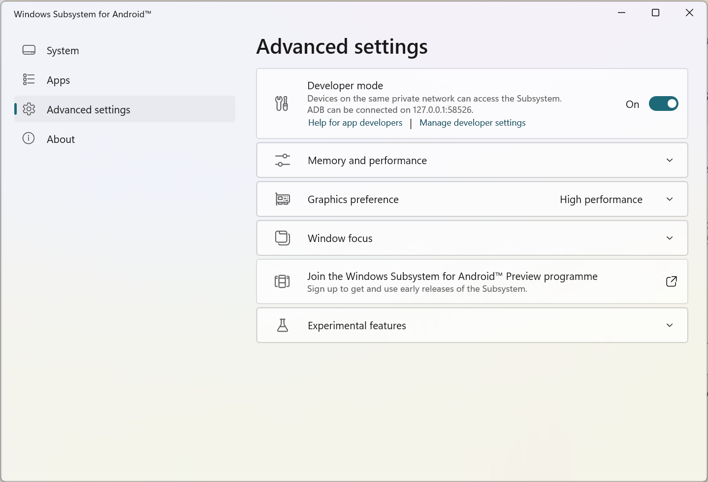 The Advanced Settings pane of the WSA application, showing Developer Mode is toggled on