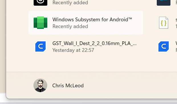 A screenshot of part of the Windows Start Menu, showing an entry for Windows Subsystem for Android