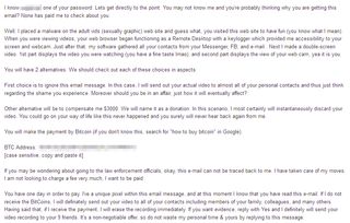 A screenshot of a lengthy scam email attempting to extort me for Bitcoin through social engineering
