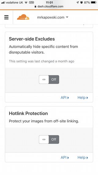 Screenshot of the server-side excludes toggle