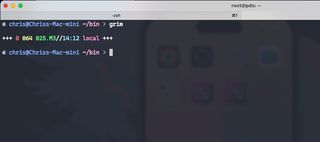 a screenshot of a terminal window on macOS using the Zsh shell. The user “chris@Chriss-Mac-mini” is in the ~/bin directory and has executed the command 'grim'. The output displays some status information, including “0 064 025.M3//14:12 local,” followed by a command prompt ready for the next input. The terminal has a blurred background, likely showing part of the desktop or an open application.
