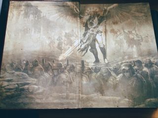 The double-page spread of the inner cover. It features a sepia toned illustration of the angel-winged Primarch, Sanguinius, standing sentinel behind a trench of conscripted Imperial soldiers. Sanguinius carries a spear and sword, and appears to be haloed by a soft light against dark skies