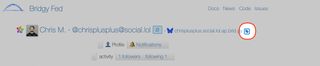 This image is a screenshot of a user profile page on Bridgy Fed. It displays the user’s name, handle (@chrisplusplus@social.lol), and associated Bluesky handle. There are buttons for “Profile” and “Notifications,” as well as links showing activity, followers, and following counts. The image highlights a tag icon. Links to “Docs,” “News,” “Code,” and “Issues” are present at the top.