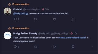 This image is a screenshot of a private mention conversation between Chris M. (@chrisplusplus) and “Bridgy Fed for Bluesky.” Chris M. requests to set their username to “masto.chrismcleod.social.” Bridgy Fed responds confirming that the username in Bluesky has been set to “masto.chrismcleod.social” and notes that it should appear soon.
