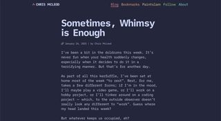 A blog post with a navy blue background and light blue-white text in a monospace font. The title 'Sometimes, Whimsy is Enough' appears in a large, light blue-white font. At the top of the page, the navigation menu includes 'Blog' in pink/salmon, 'Paintslam' in brown/copper, 'Follow' in green, and 'About' in light blue, all on the dark navy background. The post is dated January 24, 2025 by Chris McLeod, whose name also appears in the header with a small abstract explosion icon