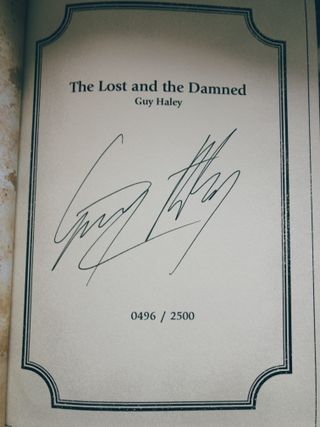 An inside page, featuring the book title and author name, and numbers to indicate this is book 496 out of the 2500 of this edition that were printed. Across the page is the author's signature.