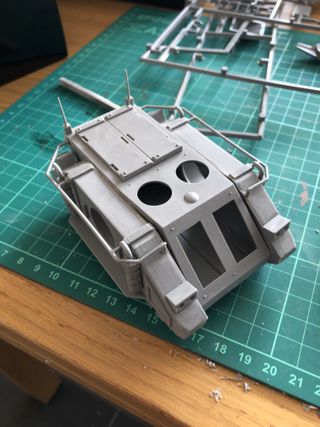Work in progress shot of the main hull attached to the 2 track units, and with the handrails attached