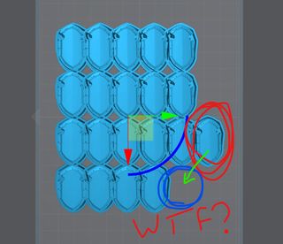 A screenshot from the Lychee slicer software, used for preparing files for 3D printing. The Auto-Arrange function has been used to arrange 20 of the same model of a shield. All of the models are perfectly aligned, as if in a 5x4 rectangle, apart from one, which is in the middle of a row of its' own, leaving a gap at the bottom of the final column. The author has circled it in red, and drawn a green arrow pointing to a blue circle where there was a space for the model to go. At the bottom of the screenshot, the author has messily scribbled 'WTF?' in red