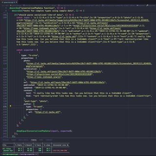 a screenshot of a code editor with a dark theme. It displays JavaScript code for a test suite using the Mocha framework. The test is named “unserialie objects using sample data,” and it includes input data which is a string of serialised PHP data, and the expected output which is a JavaScript object. Test coverage for the file is shown as 97.7%