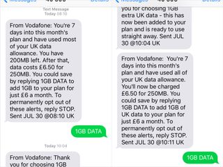 a series of SMS messages from my network provider, first warning me I was about to exceed my data allowance, then telling me I had exceeded the allowance. In between these messages are 2 replies from me requesting 1GB extra data each time