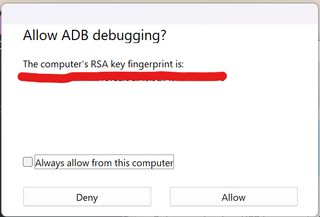 A Windows dialog box asking 'Allow ADB debugging?' The text 'The computer's RSA key fragment is:' is displayed, with a red line below it, added by the author to obscure the value. There is a checkbox to always allow from this computer, and 2 buttons: Deny and Allow