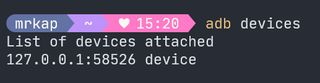 a snippet of the terminal, showing the command 'adb devices', and the output 'List of devices attached' with the device 127.0.0.1:58526 listed