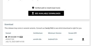 a partial screenshot of APKMirror, showing the text 'verified safe to install (read more)', a button to 'see available downloads' and a listing of the latest version available to download