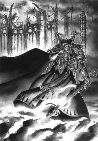 Mephiston of the Blood Angels, black and white illustration by Mark Gibbons, undated