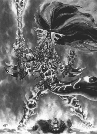The Avatar of Khaine, black and white illustration by Mark Gibbons, dated 1994