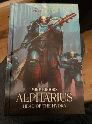 A photo of the front cover of the book Alpharius: Head of the Hydra, by Mike Brooks, taken shortly after I had finished reading it.