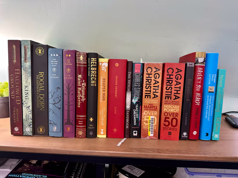A row of 17 books, mainly hardback fiction, on a wooden sideboard top